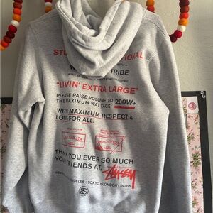 Stussy Gray Hoodie with Bold Red Graphics